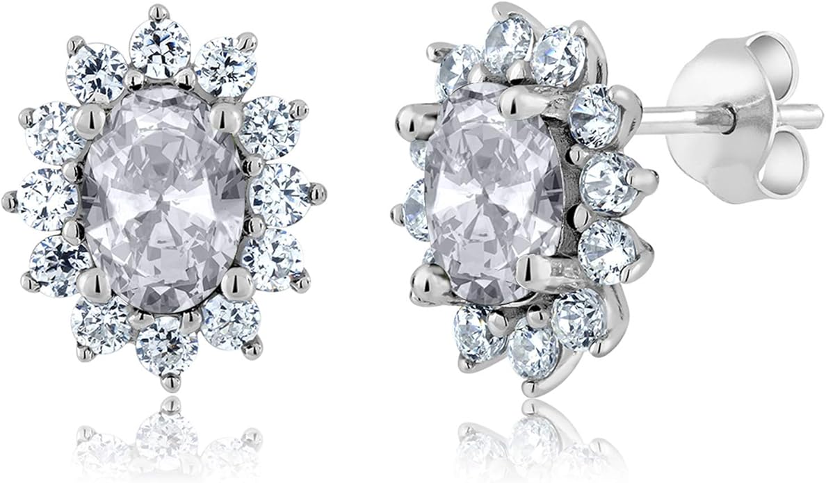 Gem Stone King 7X5MM Oval Gemstone Birthstone Stud Earrings For Women | Princess Diana Royal Halo Style | 925 Sterling Silver | Fine Jewelry Gifts for Anniversary Wedding Her Mom Women Wife