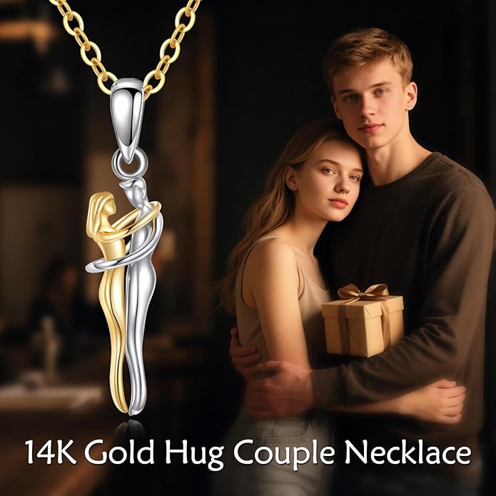 GEHN 18K Solid Gold Hug Couple Necklace 18K Yellow Gold Hugging Couple Pendant Anniversary Jewelry for Women Wife Lover Him and Her
