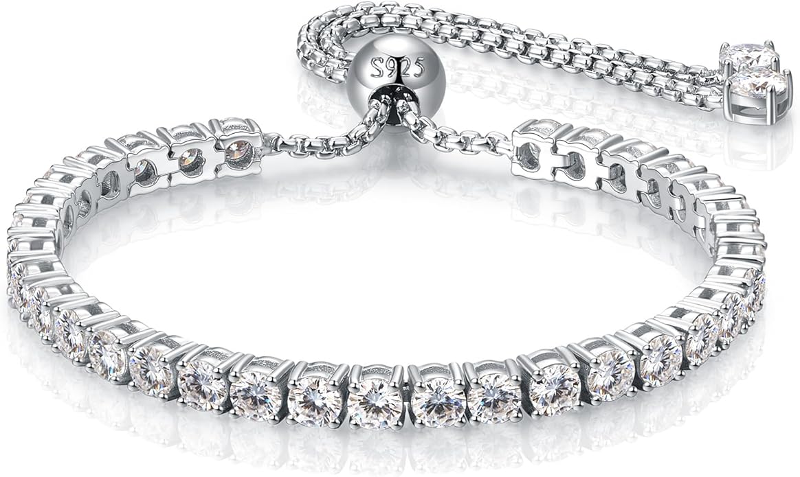 4MM Moissanite Tennis Bracelet for Women, 10.9 ct Adjustable Moissanite Bracelets, 925 Sterling Silver White/14k Gold Plated, Luxury Birthday or Anniversary Jewelry Gift for Her