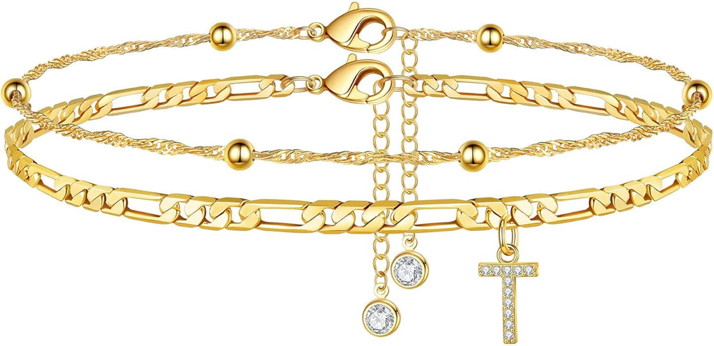 Ursteel Ankle Bracelets for Women, 14K Gold Plated Dainty Layered Chain CZ Initial Anklets Summer Jewelry Gifts for Women