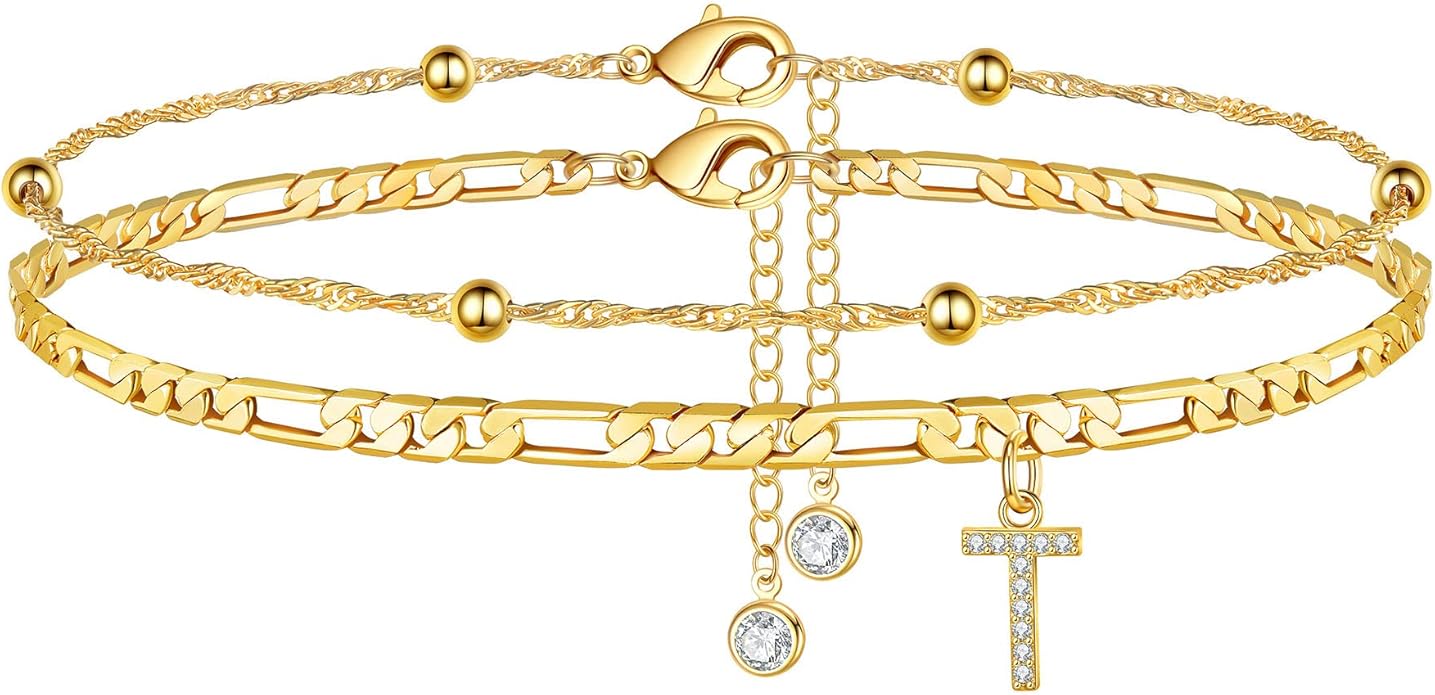 Ursteel Ankle Bracelets for Women, 14K Gold Plated Dainty Layered Chain CZ Initial Anklets Summer Jewelry Gifts for Women