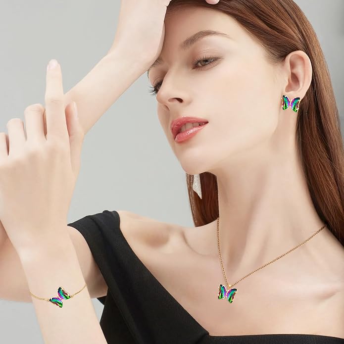 MISS RIGHT Butterfly Crystal Jewelry Set with Butterfly Necklace Stud Earrings Bolo Bracelet Adjustable Ring for Women Trendy, Iridescent Y2K Dainty Butterfly Jewelry Gifts
