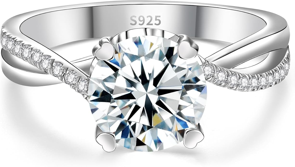 Moissanite Engagement Ring for Women, 2CT D Color VVS1, 925 Sterling Silver with 18K White Gold Plated, Twisted Moissanite Wedding Ring, Anniversary Promise Ring with Gift Box, Size 4.5-9