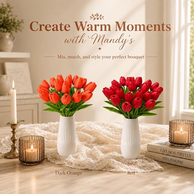 Mandy's 20pcs Artificial Dark Orange Tulips | 13.5 Inch Lifelike PU Tulips Faux - Image 9