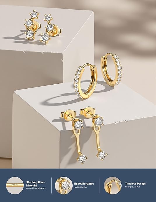 FIASASO 3 Pairs 925 Sterling Silver Hypoallergenic Earrings for Women Trendy - 14K Gold Plated Stud Hoop Cartilage Earrings Set Small Earring Stacks for Sensitive Ears Non Tarnish Dainty Silver Earring