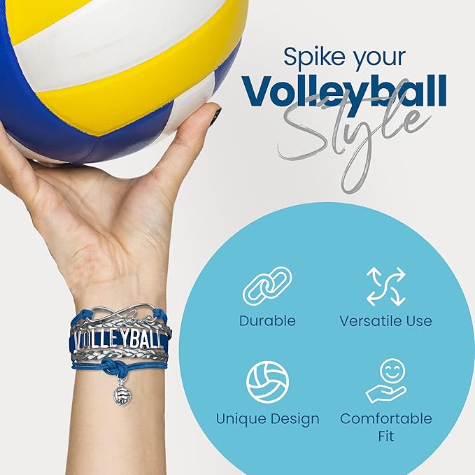 Volleyball Bracelets For Girls- Ideal Volleyball Gifts & Souvenirs. Adjustable Charm Bracelet with Moveable Letters, Infinity Symbol & Silver Volleyball Charm. Fashionable Bracelets by SportyBella.