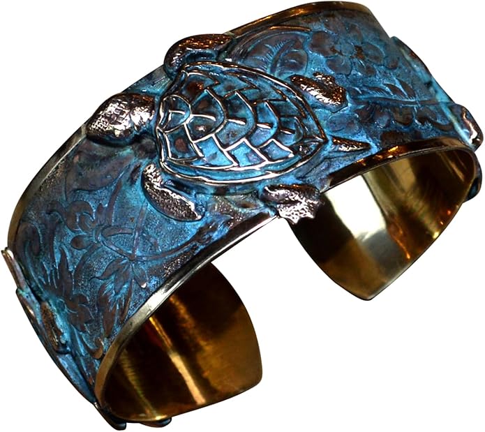 Verdigris Patina Solid Brass Classic Sea Turtle Cuff Bracelet by Elaine Coyne Made In USA