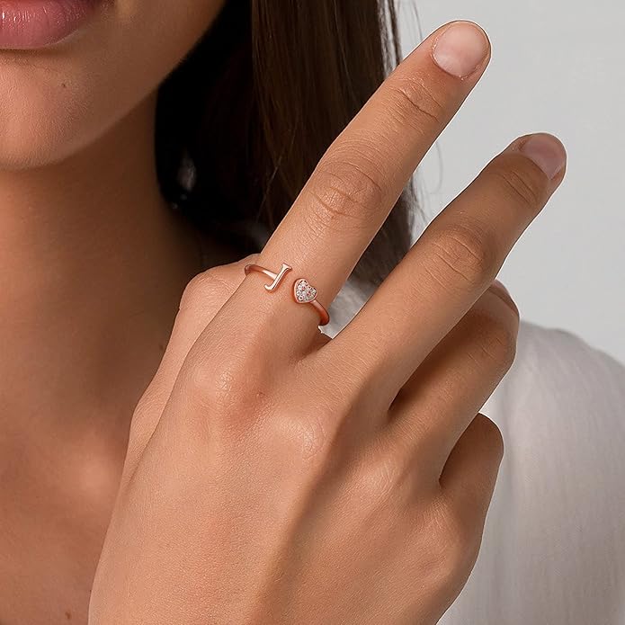 Valentines Day Gift Initial Rings for Teen Girls - S925 Heart Sterling Silver Rings for Teen Girls | 14K Gold/Rose Gold/Sterling Silver Plated Ring for Girls Kids Women Ring for Teenager Girls Gifts Adjustable, No Tarnish, Hypoallergenic