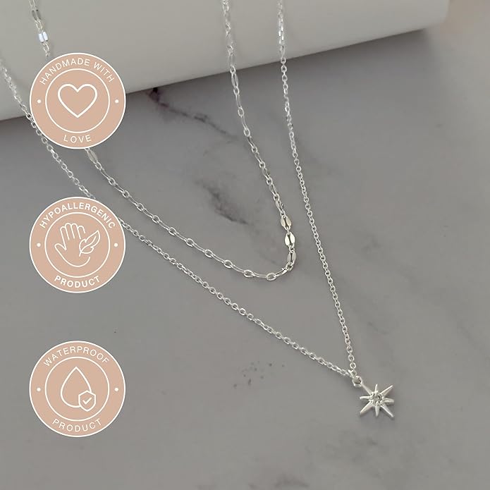 Annika Bella Sterling Silver Star Necklace for Women, Length 15-17 Inches, Tiny Cubic Zirconia North-Star Charm Pendant Necklace, Waterproof, Celestial Jewelry Gift for Her