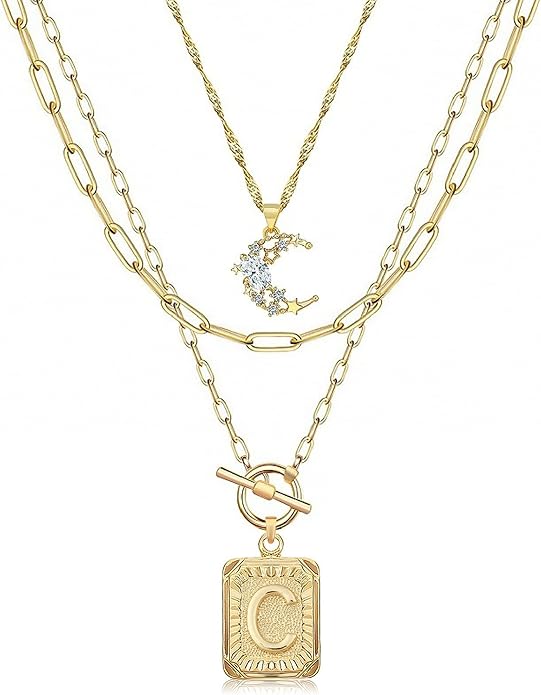 MJartoria Layered Initial Necklaces for Women Trendy, 14K Gold Plated Brass Simple Moon Choker Square Letter Pendant Necklace, Paperclip Chain Necklaces Jewelry Gifts