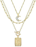 MJartoria Layered Initial Necklaces for Women Trendy, 14K Gold Plated Brass Simple Moon Choker Square Letter Pendant Necklace, Paperclip Chain Necklaces Jewelry Gifts
