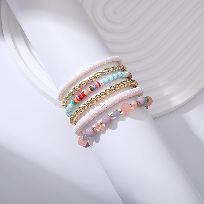 Heishi Beaded Stretch Bracelets for Women Stackable Polymer Clay Beads Bracelets Friendship Boho Summer Beach Bracelet Jewelry Set