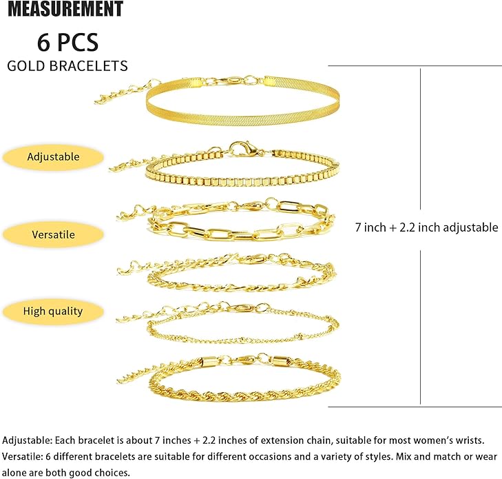 VIBILIA Dainty Gold Chain Bracelet for Women Trendy Stackable Adjustable Layered Metal Bracelet Gold Plated Twist Link Figaro Chain Paperclip Bracelets Fashion Jewelry