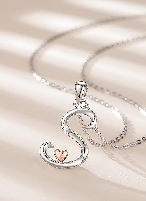 CELESTIA 925 Sterling Silver Initial Necklaces 26 Letter with Rose Gold Heart - 18 Inch Chain