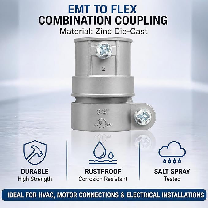 3/4" Squeeze EMT to Flex Coupling, UL Listed, 10 Pack | Zinc die-cast couplings - Image 6