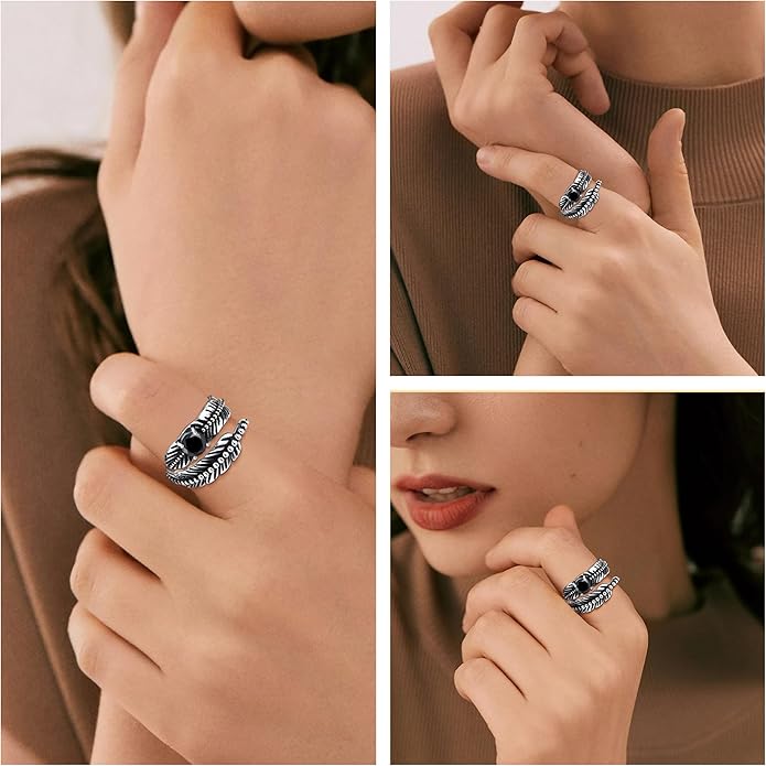 Sterling Silver Feather Ring with Black Onyx & Turquoise - Adjustable Stacking Vintage Statement Ring for Women & Men