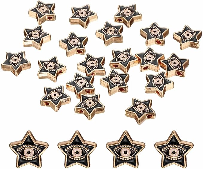MECCANIXITY 20 Pcs Star Evil Eye Beads Colorful Flat Loose Spacer Evil Eye Charms for DIY Bracelet Earrings Necklace Crafts Jewelry Making, Black