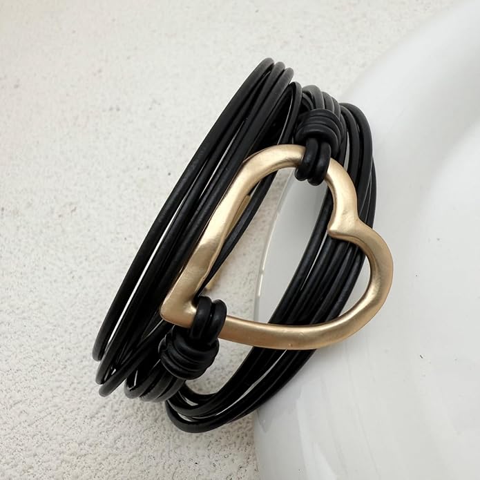 Leather Bracelet for Women Black Wrap Bangle Gold Infinity Bow-knot Bead Heart Bracelet Chunky Layered Bracelets for Women Trendy