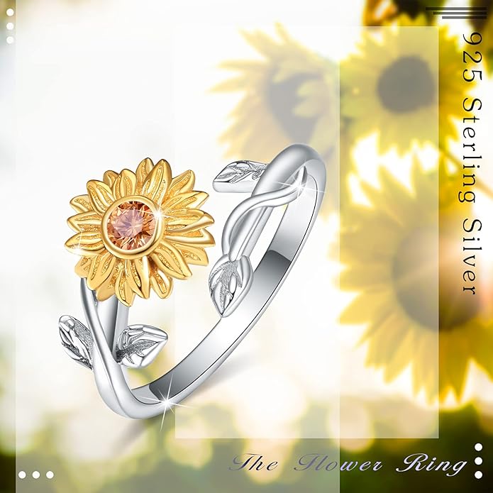 Sunflower Rings for Women, 925 Sterling Silver CZ You are My Sunshine Adjustable Open Band Rings Jewelry Gifts for Girls Size 7-8