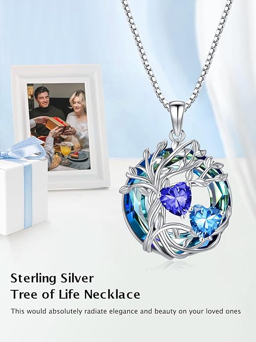 TOUPOP s925 Sterling Silver Family Celtic Tree of Life Pendant Necklaces with 2 Heart Birthstone with Blue Austrian Crystal Jewelry Birthday Valentines Day Gifts for Her, Anniversary Christmas Gifts for Wife Girlfriend Mom (18K Real White Gold Filled)