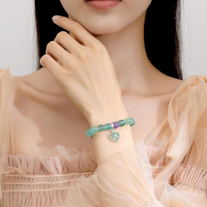 MAIBAOTA Healing Crystal Bracelet for Women, 8 mm Natural Gemstone Beaded Bracelet, Love Heart Bracelet Jewelry Gifts for Birthday Mothers Day Valentine's Day Anniversary
