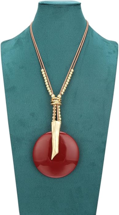 GelConnie Leather Necklace for Women Large Pendant Long Brown Necklace Circle Leather Choker Vintage Sweater Necklace Gold Chunky Boho Necklaces for Women