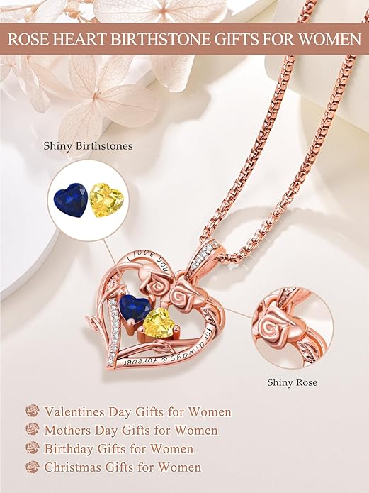 Rose Heart Necklaces for Women, Rose Gold Forever Love Jewelry with 2 Birthstones Pendant,Valentines Anniversarry Birthday Gifts for Her Wife Mom Grandma Daughter, 18+2 Inch Chain