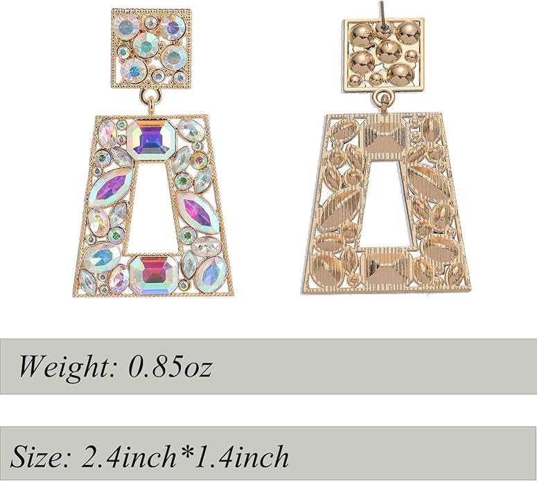 Rhinestone Rectangle Statement Earrings Colorful Crystal Geometric Drop Dangle Earrings for Women Prom Party