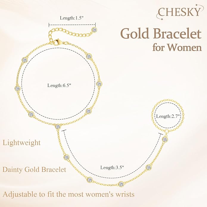 CHESKY 14K Gold Plated Hand Chain Bracelets for Women Set - Dainty Finger Ring Bracelet Stack Adjustable Hand Chains Durable Beaded Bracelets Trendy Simple Body Jewelry Gift for Women
