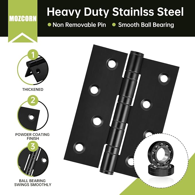 6-Pack Black Door Hinges, 4 Inch Heavy Duty Stainless Steel Hinge - Image 3