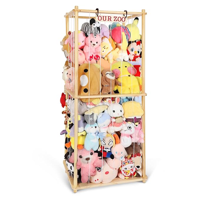 Extra Large Stuffed Animal Storage for Corner Organizer,Premium Wooden Material with Elastic Cord Hold Up to 250 Plush Toys,Stuffed Zoo Animal Holder and Collection for Playroom-Birthday