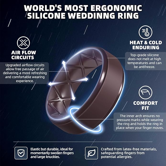 Egnaro Men's Rings 8.5mm Wide-2mm Thick Inner Arc Ergonomic Breathable Rubber Wedding bands-Hypoallergenic for Gym/Outdoor/Gift((1-7 Variety Pack with Half Size)