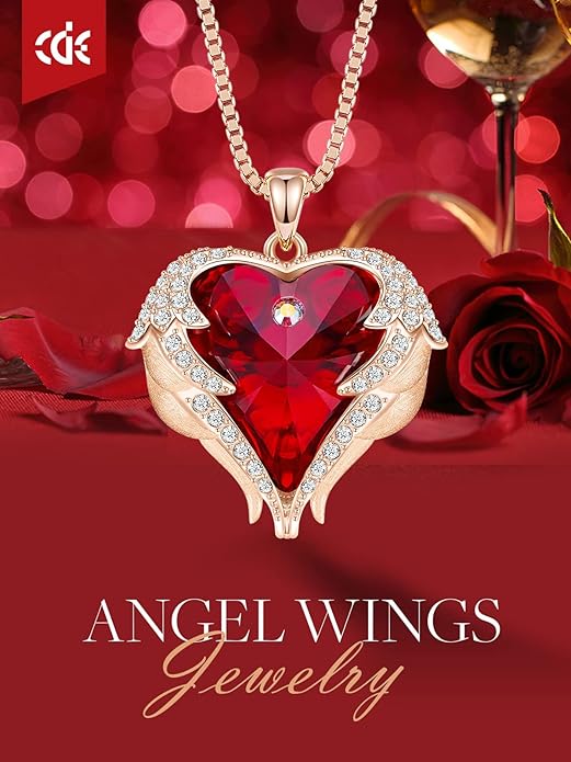 CDE Valentines Day Gifts for Women Angel Wings Necklace for Women with Birthstone, Love Heart Silver Tone/Gold Tone Pendant, Ideal Anniversary or Birthday Jewelry Gifts for Wife Girlfriend Her