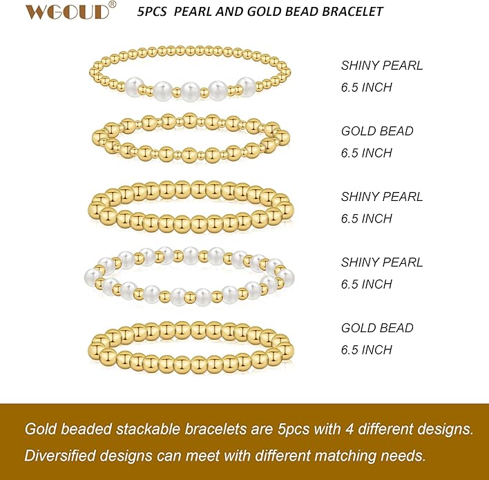 wgoud Gold Bracelets for Women - Trendy 14K Real Gold Plated Beaded Bracelet Set with Stretch Beads, Waterproof, Adjustable, Perfect Gifts