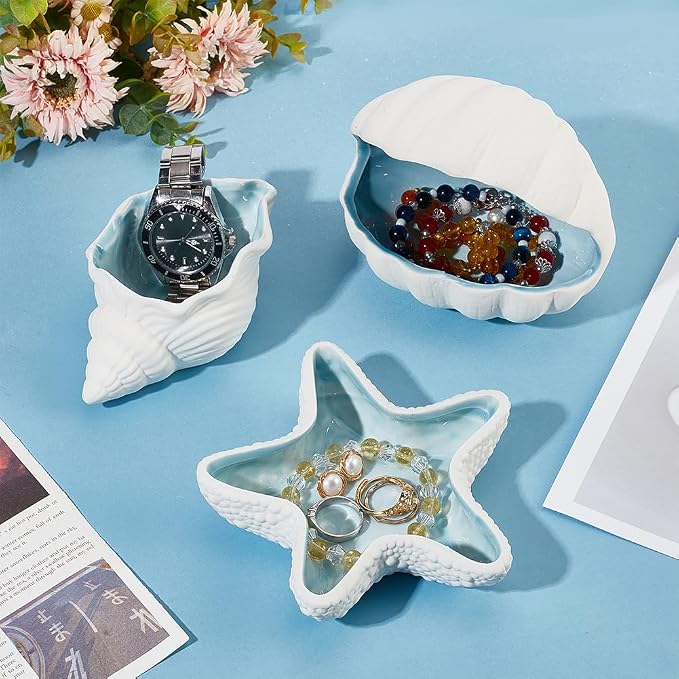 NBEADS Starfish Shape Ceramic Jewelry Tray, Aqua Shell Trinket Dish Ceramic - Image 4
