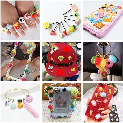 100pcs Cute Slime Charms Mixed Set Resin Flatback for DIY Craft Making and Ornament Scrapbooking Beads Assorted Candy Fruit Cake Resin Ornament Kit Making Supplies