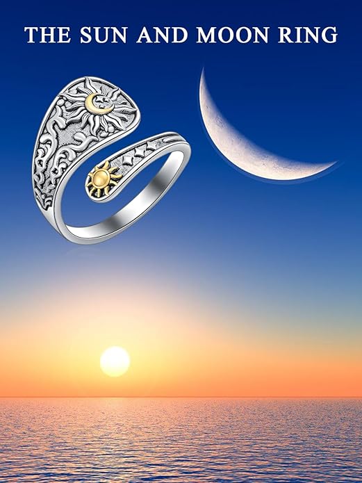 Midari Sun and Moon/Bee/Celtic/Life of Tree/Lotus Spoon Ring for Women 925 Sterling Silver Adjustable Ring Open Ring for Women Men Halloween Birthday Gift