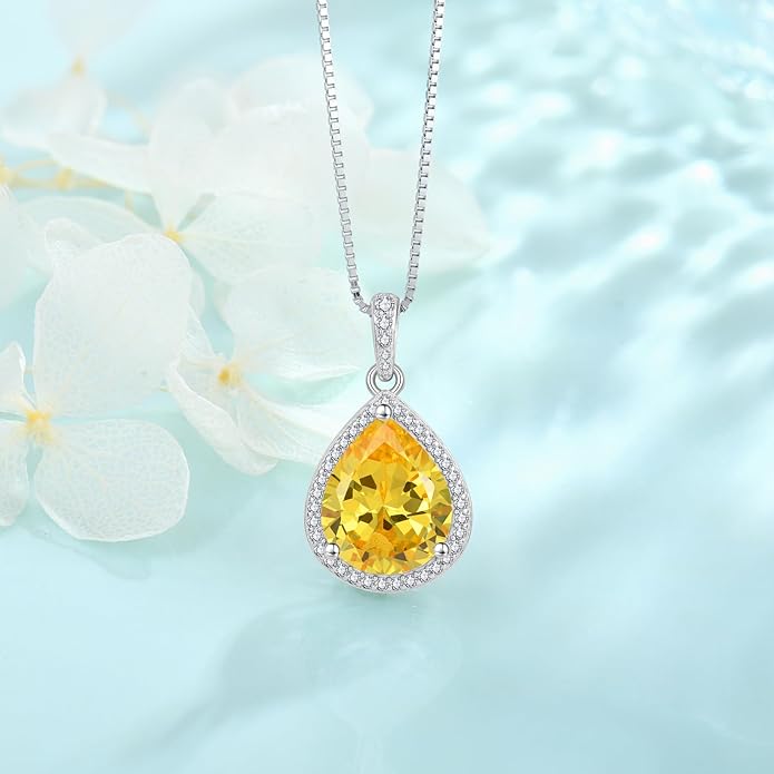 FJ Teardrop Pendant Necklace 925 Sterling Silver Birthstone Jewelry Gifts for Women
