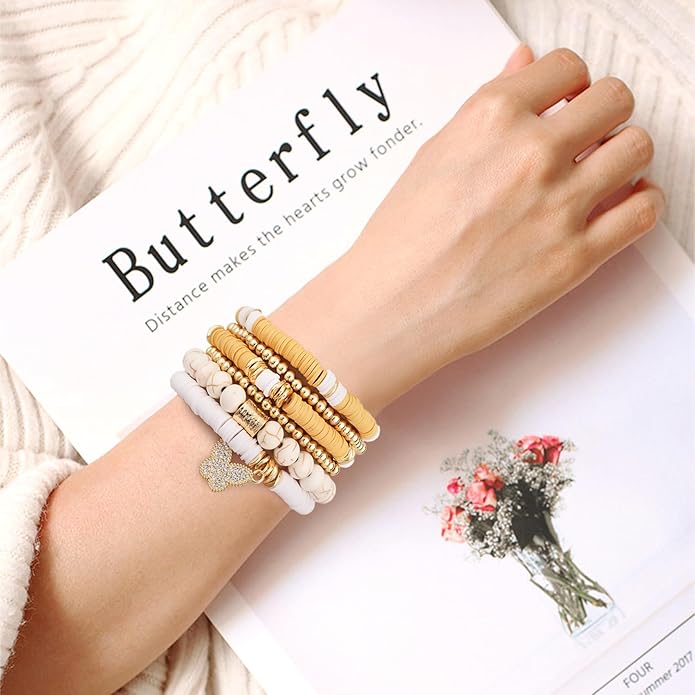 GOOJIDS Surfer Heishi Clay Bead Bracelets for Women Bohemian Stackable Gold Plated Beaded Stretch Bracelets Elastic Layering Friendship Bracelets Set Boho Jewelry