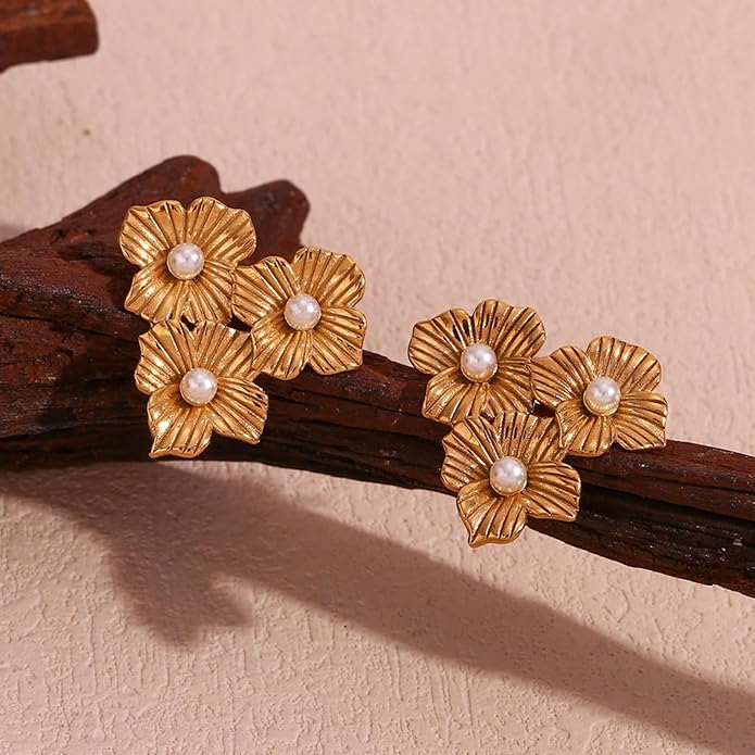 Gold Flower Statement Earrings for Women, Large Chunky Bohomian Summer Beach Floral Earring, Irregular Bold Exaggerated Earrings