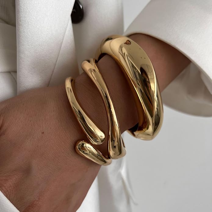 2/3/6pcs Chunky Gold Bangle Cuff Bracelets for Women, Dainty 14K Gold Plated Stackable Bangles Bracelet Set Jewelry Gift