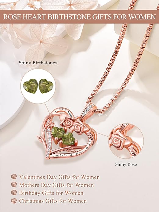 Rose Heart Necklaces for Women, Rose Gold Forever Love Jewelry with 2 Birthstones Pendant,Valentines Anniversarry Birthday Gifts for Her Wife Mom Grandma Daughter, 18+2 Inch Chain