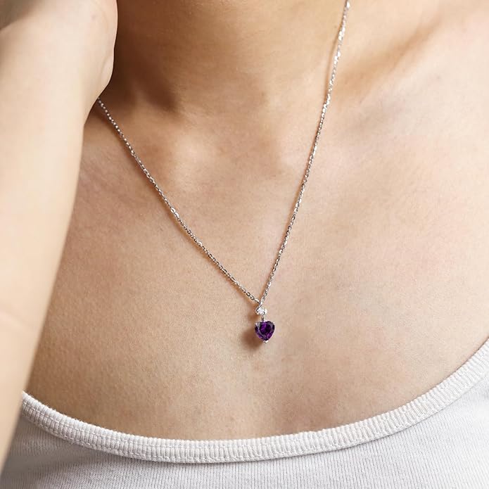 AGVANA Valentines Day Gifts 14K Solid White Gold Diamond Gemstone Pendant with Sterling Silver Chain 8mm Heart Birthstone Necklace Fine Jewelry Anniversary Birthday Gifts for Women Mom Wife