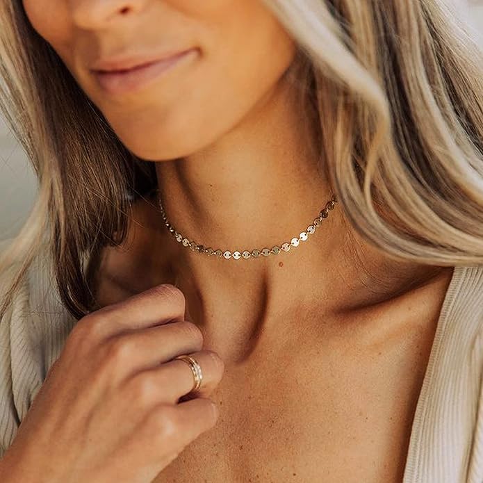 CHESKY 14k Gold Plated/Silver Plated Dainty Necklace for Women, Trendy Satellite Choker Necklace Thin Beaded Layered Choker Necklaces Discs Paperclip Chain Necklaces Womens Simple Jewelry