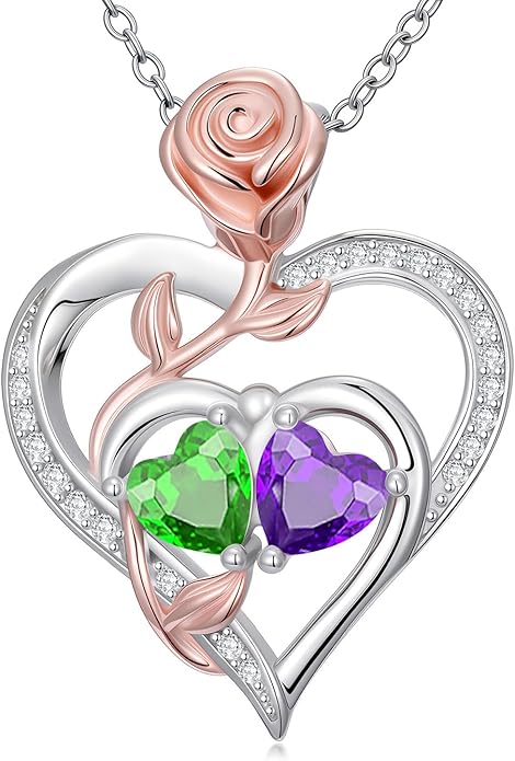 Rose Flower Heart Pendant for Women Birthday Gifts 18k Gold Plated Mother Daughter Necklace with 12 Months Birthstone Christmas Valentines Day Gifts for Her Mom Anniversarry Jewelry for Mom Wife Girlfriend