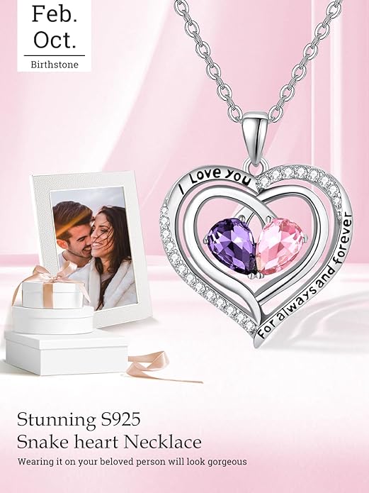 Valentine's Day Gifts for Wife 925 Sterling Silver Double Birthstone Pendant Necklaces I Love You for Always and Forever Necklace Anniversary Birthday Gifts for Wife Girlfriend Mom Her
