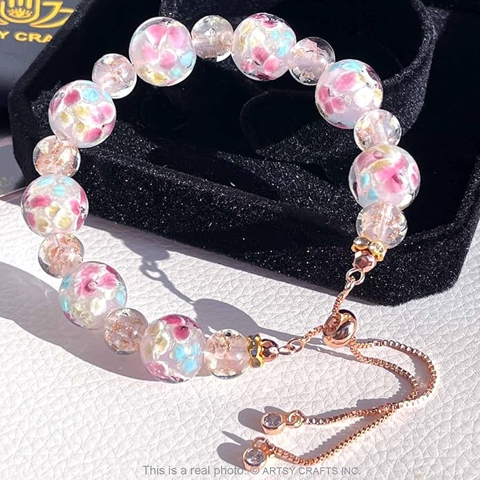 ARTSY Crafts Lily Garden Glow in the Dark Firefly Bead Bracelets Necklaces, Handmade in USA Murano Glass Jewelry, Flower Luminous Beads Mermaid Crystal Bracelet Bangle