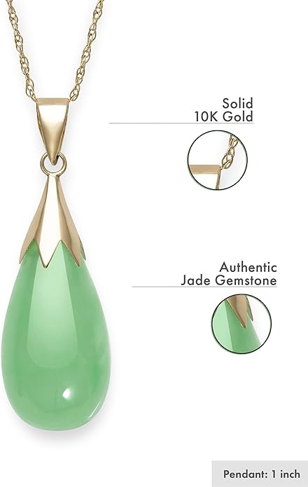 Belacqua Natural teardrop Jade Pendant Necklace for Women | 10K Gold 18" Rope Chain With Spring Ring Clasp | Jewelry for Her | Gift Box Included