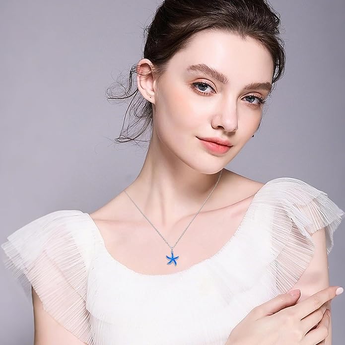 Starfish Necklace S925 Sterling Silver Summer Ocean Themed Beach Lucky Sea Star Marine Pendant Choker Necklace Starfish Jewelry Inspirational Jewelry for Women