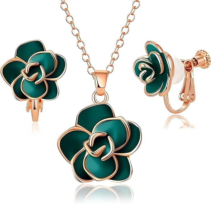 Dainty Rose Flower Pendant Necklace Clip On Earrings Set for Women 14K Gold Plated Hypoallergenic Jewelry Sets